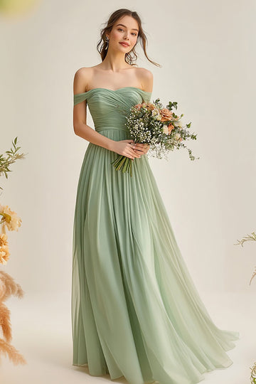 Off the Shoulder Dusty Sage A Line Chiffon Bridesmaid Dress